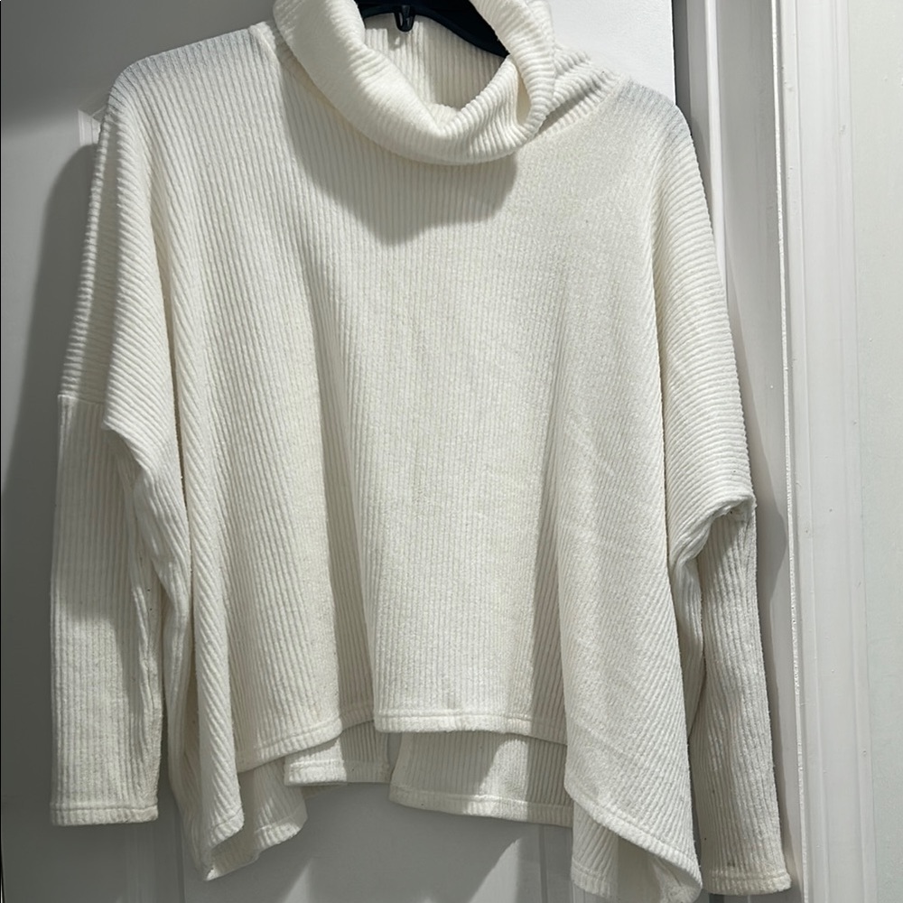 Sabo Skirt White Cowl Neck Sweater with Ribbed Detailing